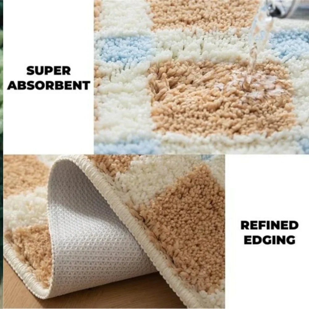 Green Checkered Bathroom Rug 24x16 Soft Absorbent Non Slip Washable Plush Bath